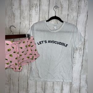 Forever 21 Let’s Avocuddle Lounge Sleepwear Set Size Large Slim Fit White Pink